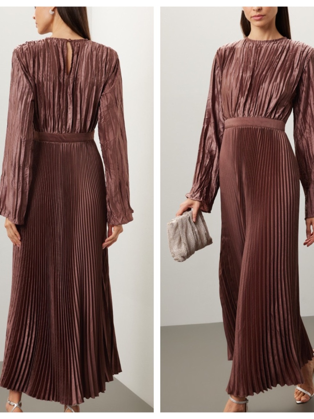 L'IDEE Royale Long Sleeve Pleated Maxi Dress Brown Satin - Size US 10